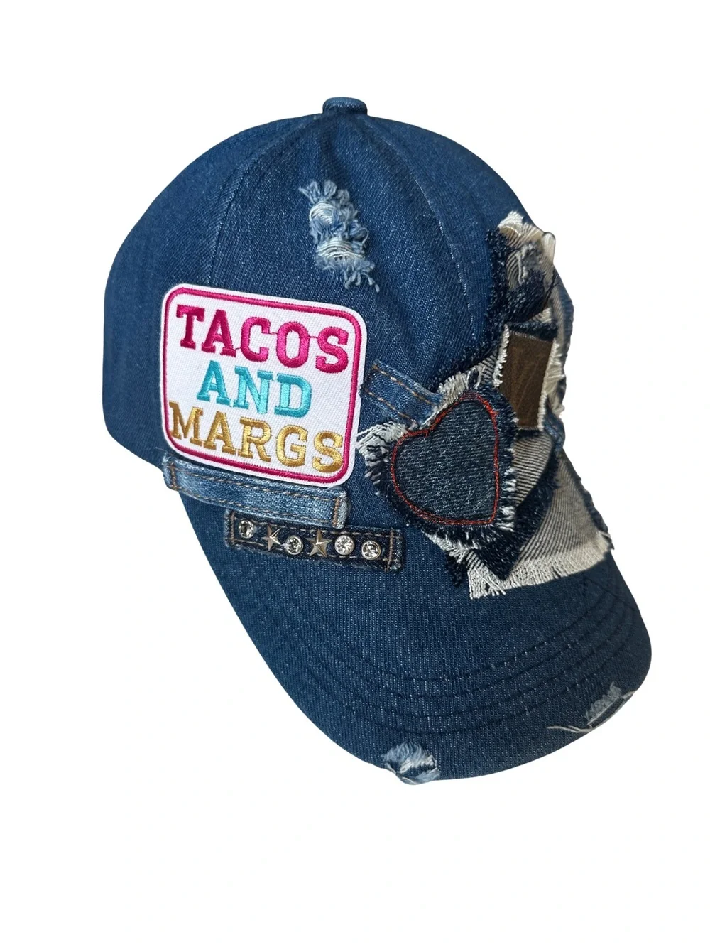 Upcycled Dark Denim Trucker Hat Tacos and Margs LV Patch